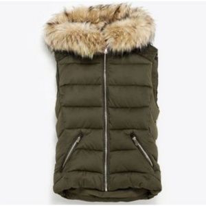 Zara TRF Puffer Vest Khaki Green Faux Fur Mohair